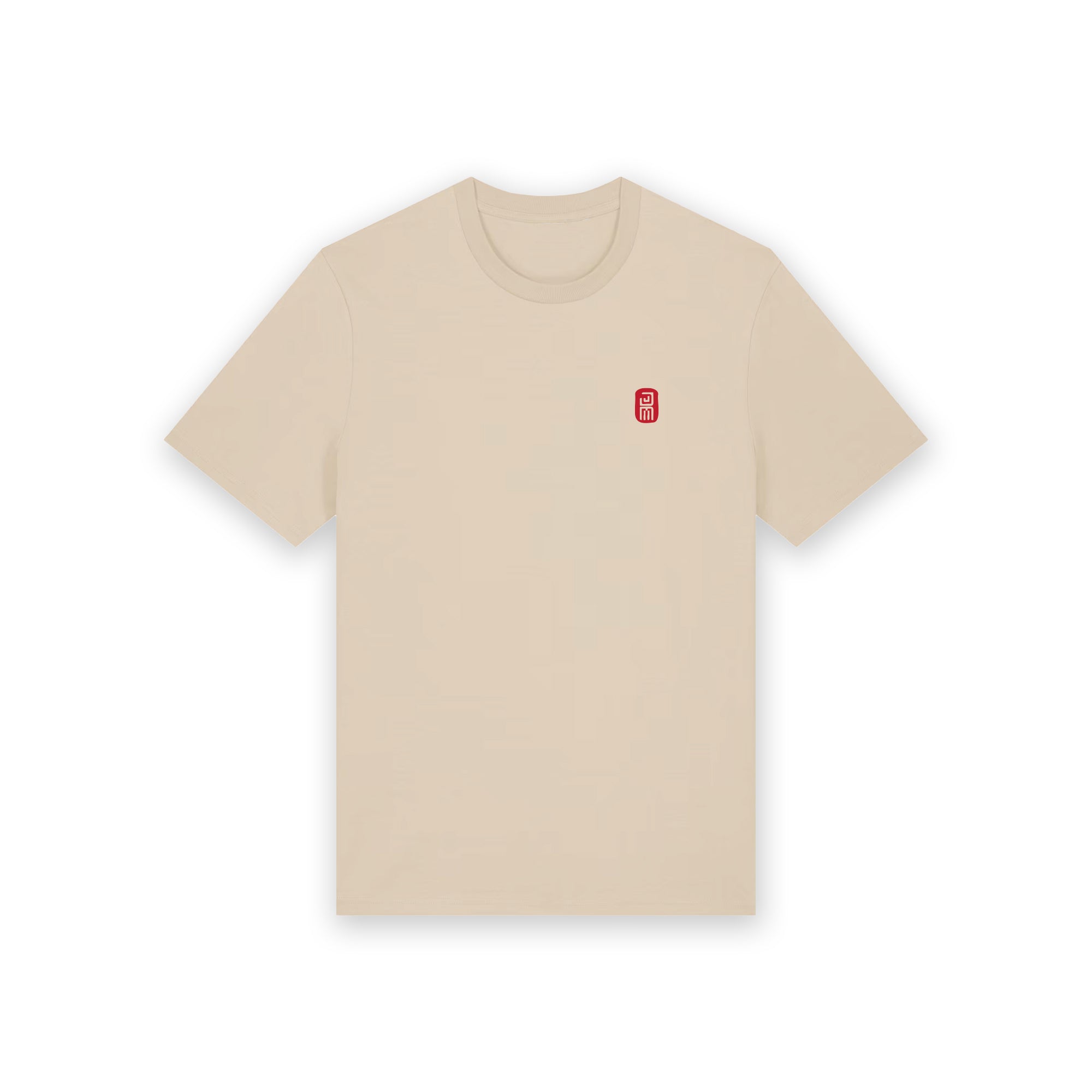 Beige t-shirt with a small red logo on a white background