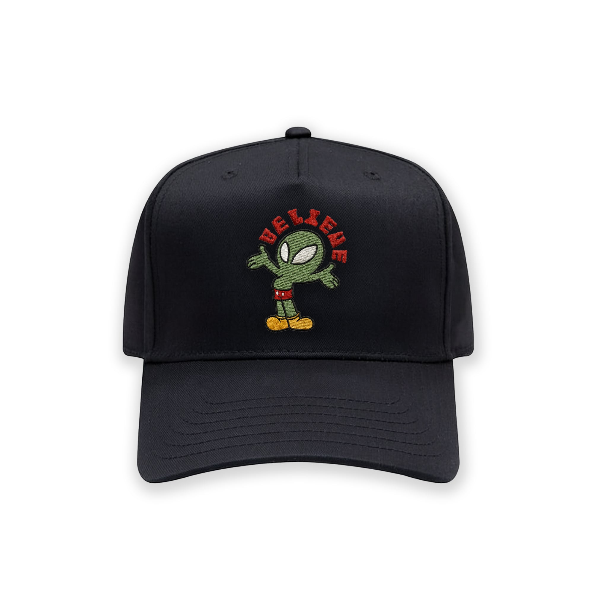 Black cap with a cartoon character and 'BELIEVE' text on a white background