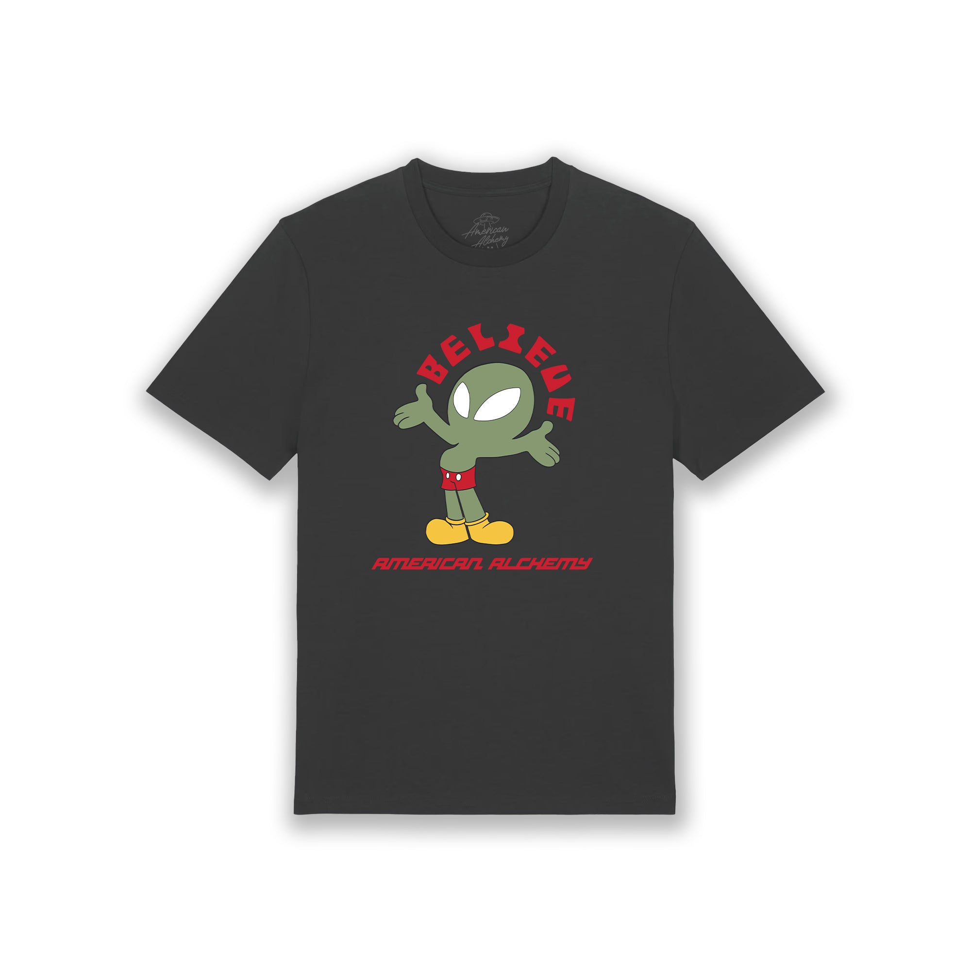 Black t-shirt with a cartoon alien design and text on a white background