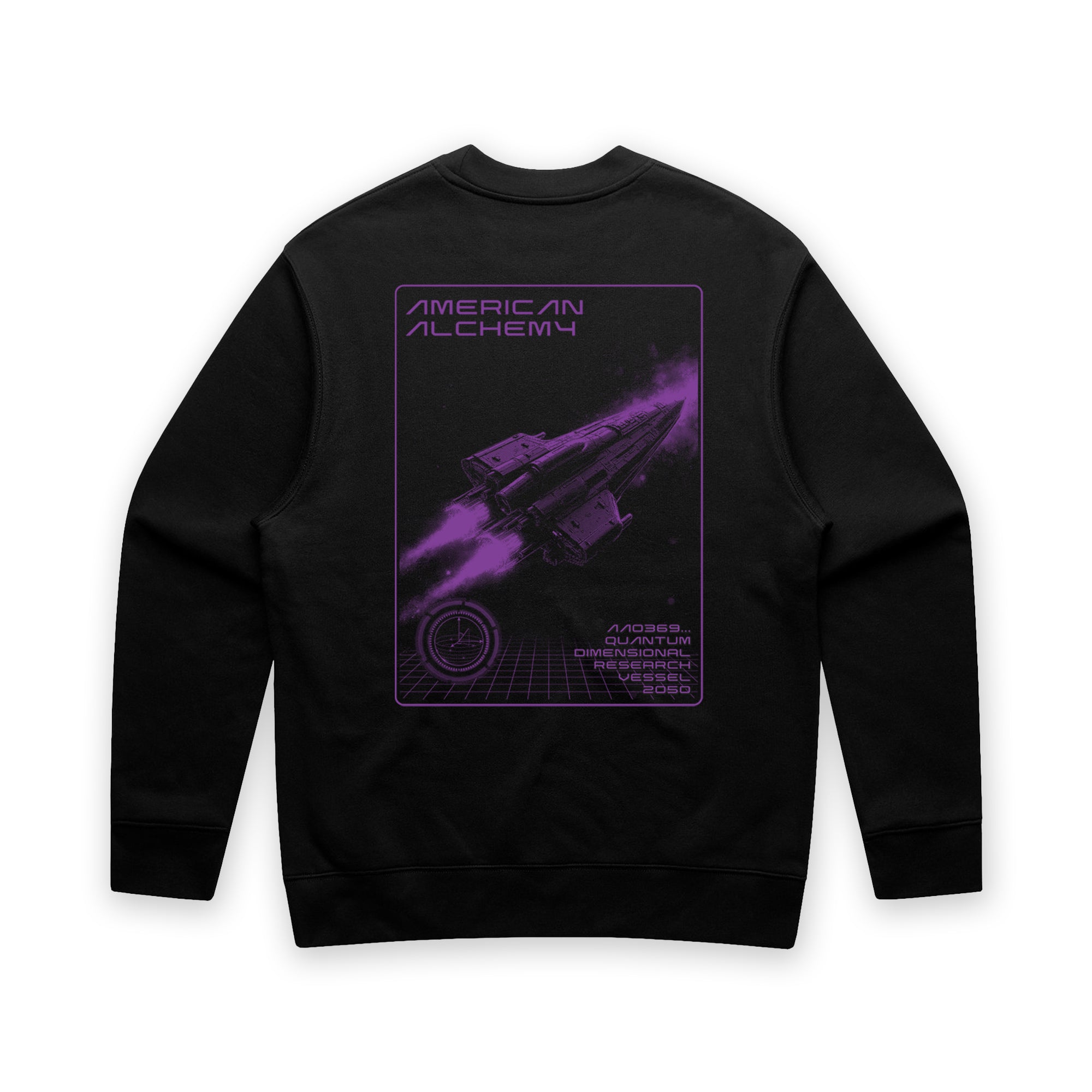 Black sweatshirt with purple graphic design on a white background