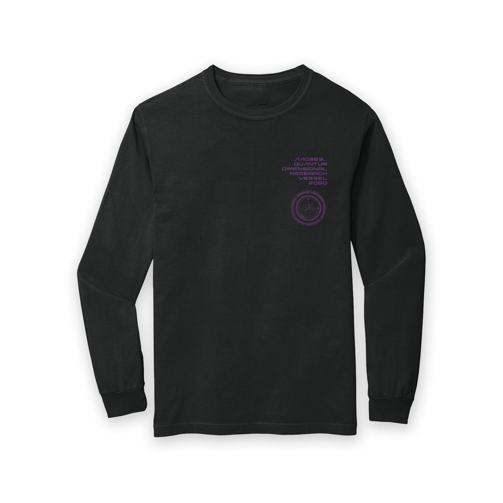 Black long-sleeve shirt with a small logo on the chest against a white background