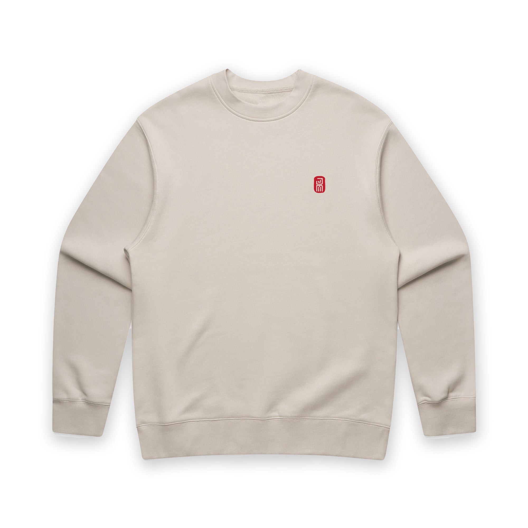 Beige sweatshirt with a small red logo on a white background