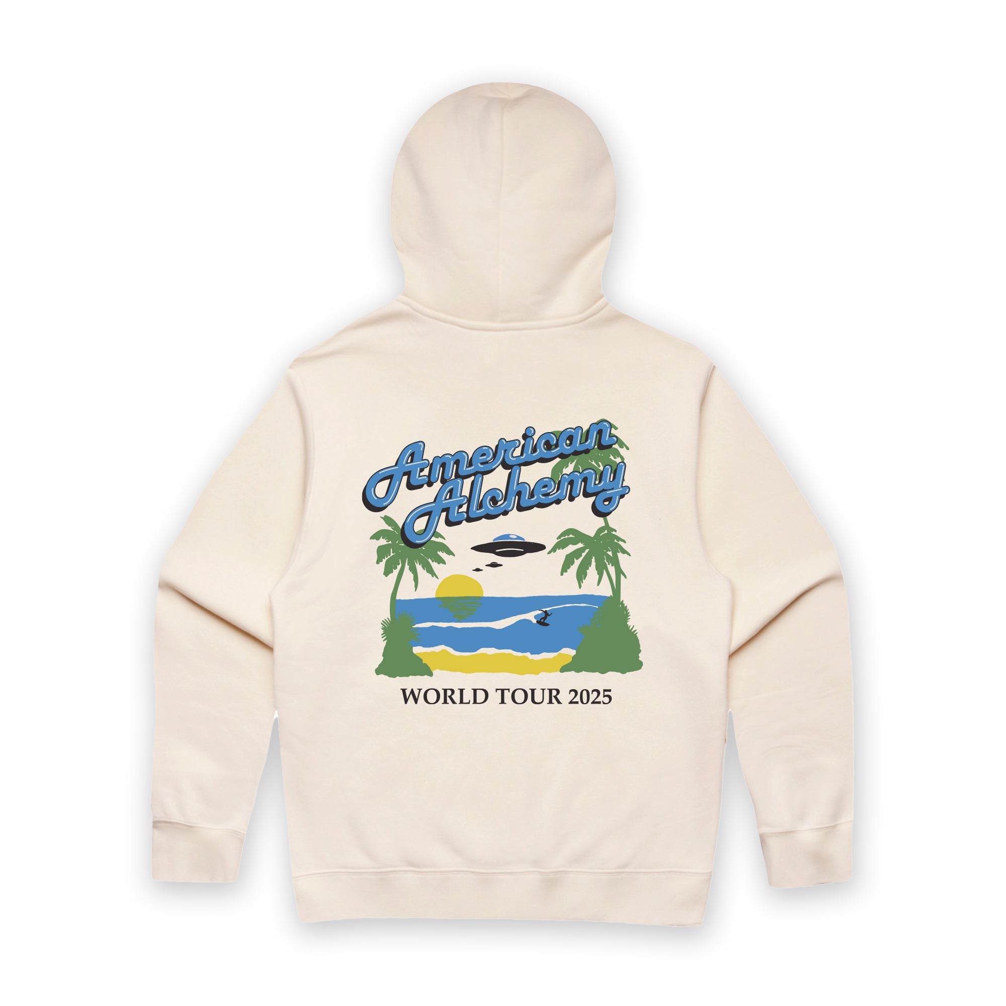 Beige hoodie with 'American Alchemy' world tour graphic on a white background
