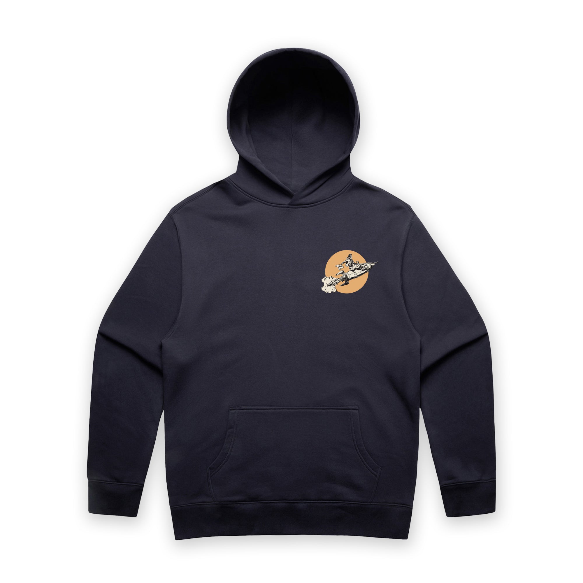 Navy hoodie with a small graphic on the chest against a white background