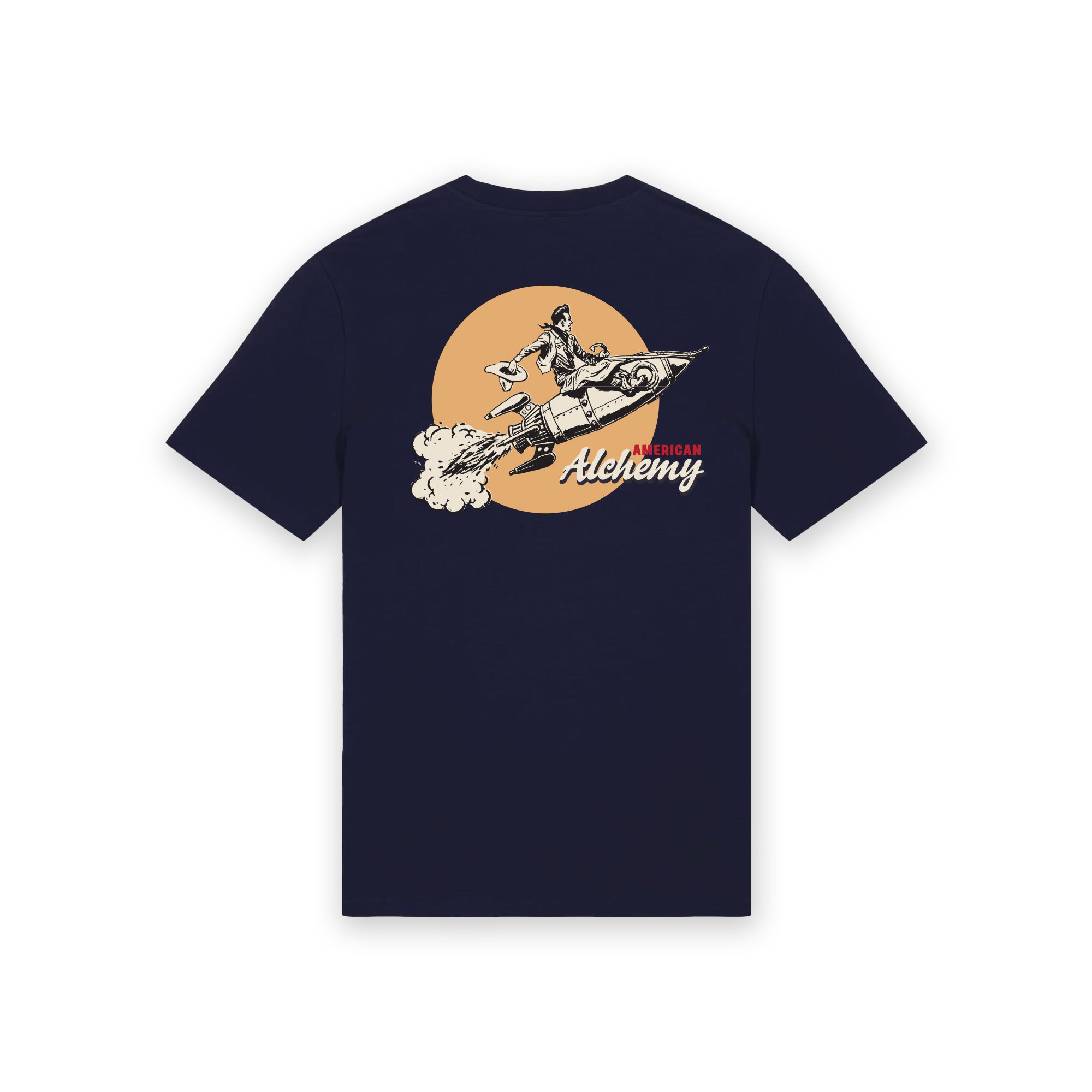 Navy blue t-shirt with graphic design and 'Alchemy' text on a white background