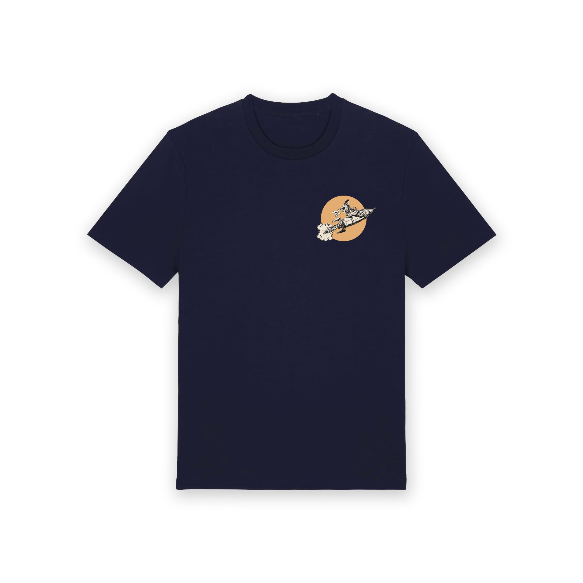 Navy blue t-shirt with a small graphic on a white background