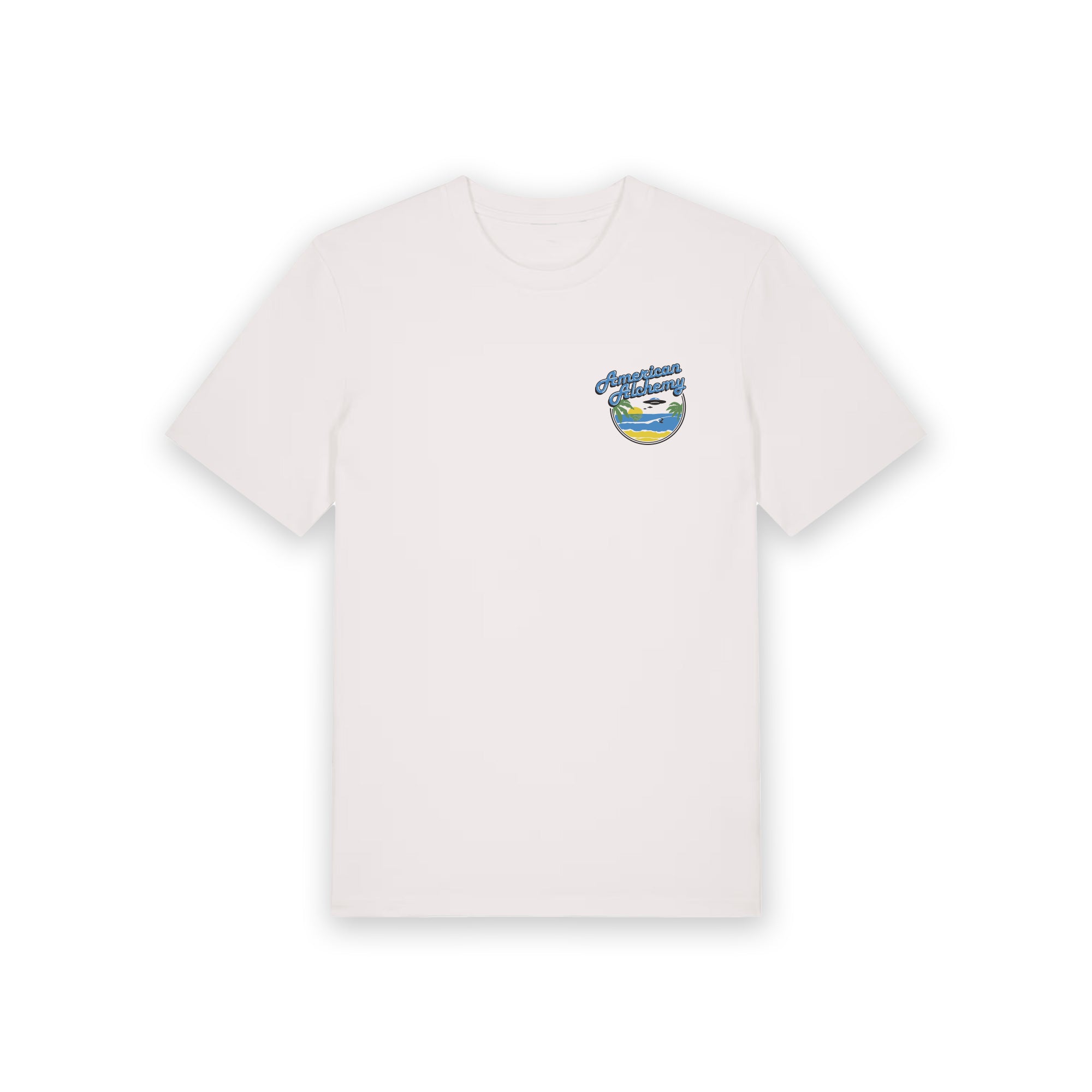 White t-shirt with a colorful graphic on a white background