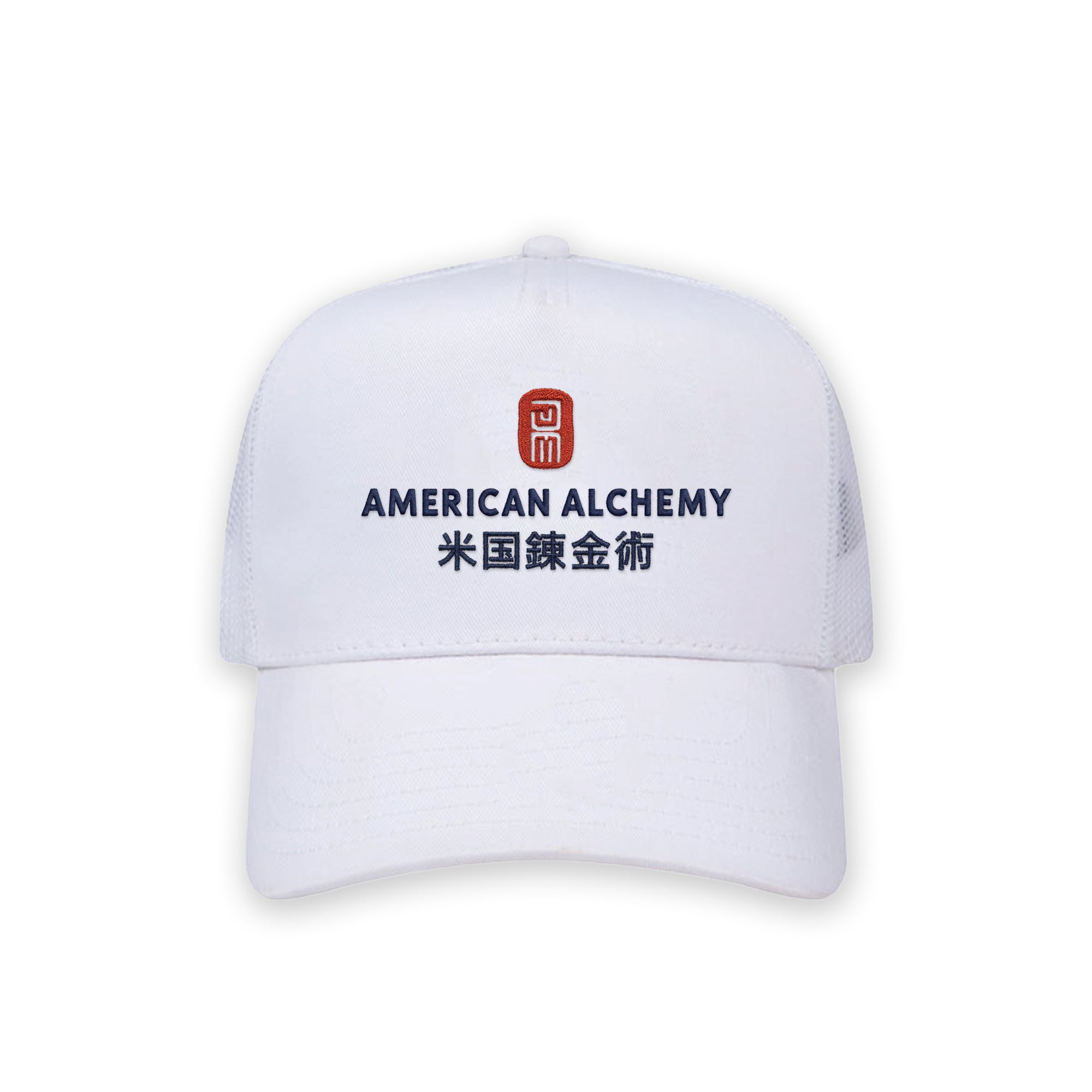 White cap with 'American Alchemy' logo on a white background