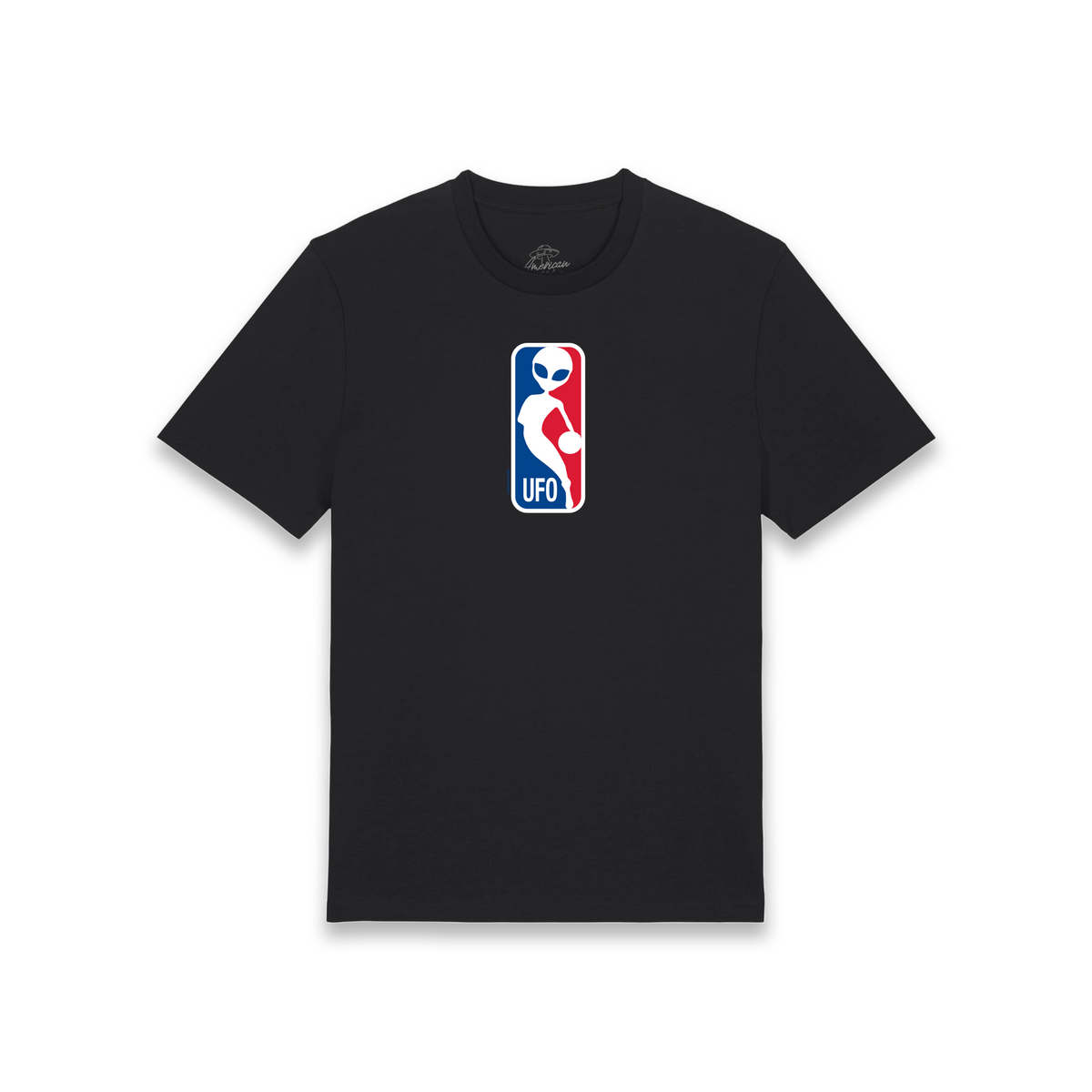 A black short-sleeve crewneck t-shirt featuring a custom 'UFO' style NBA logo printed on the center chest, displayed on a clean white background.