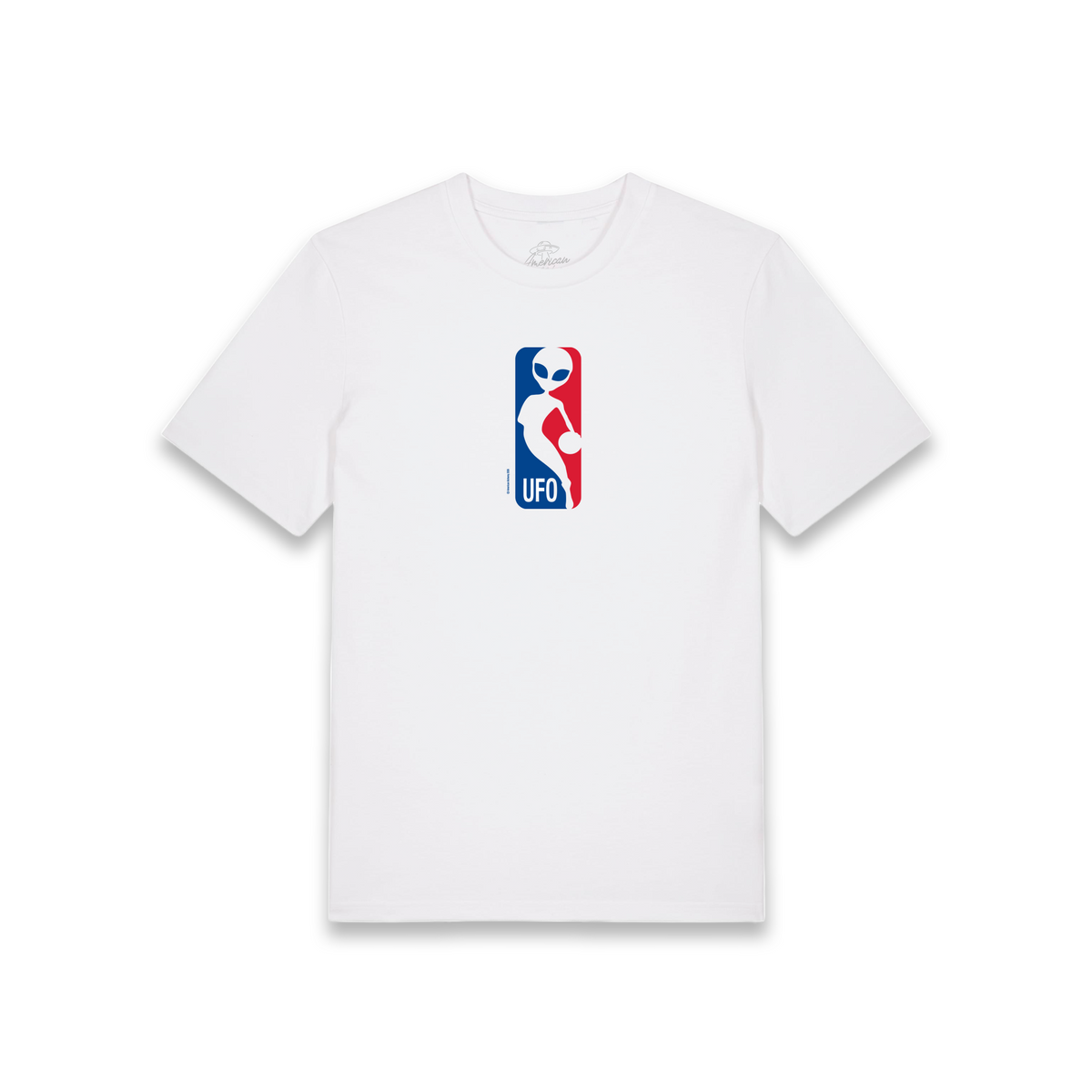 A white short-sleeve crewneck t-shirt featuring a vertical chest graphic styled like the NBA logo, with a white alien silhouette over red and blue sections and the text 'UFO'.