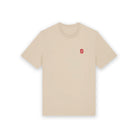 Beige t-shirt with a small red logo on a white background