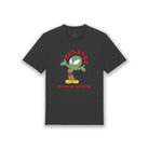 Black t-shirt with a cartoon alien design and text on a white background