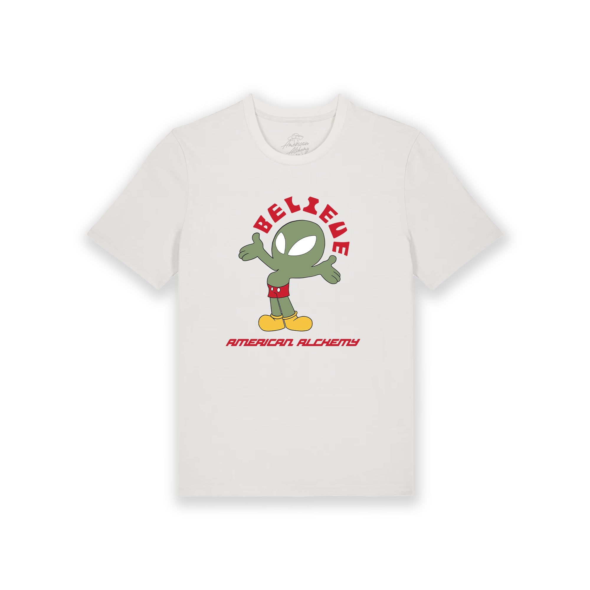White t-shirt with a green alien graphic and text on a white background
