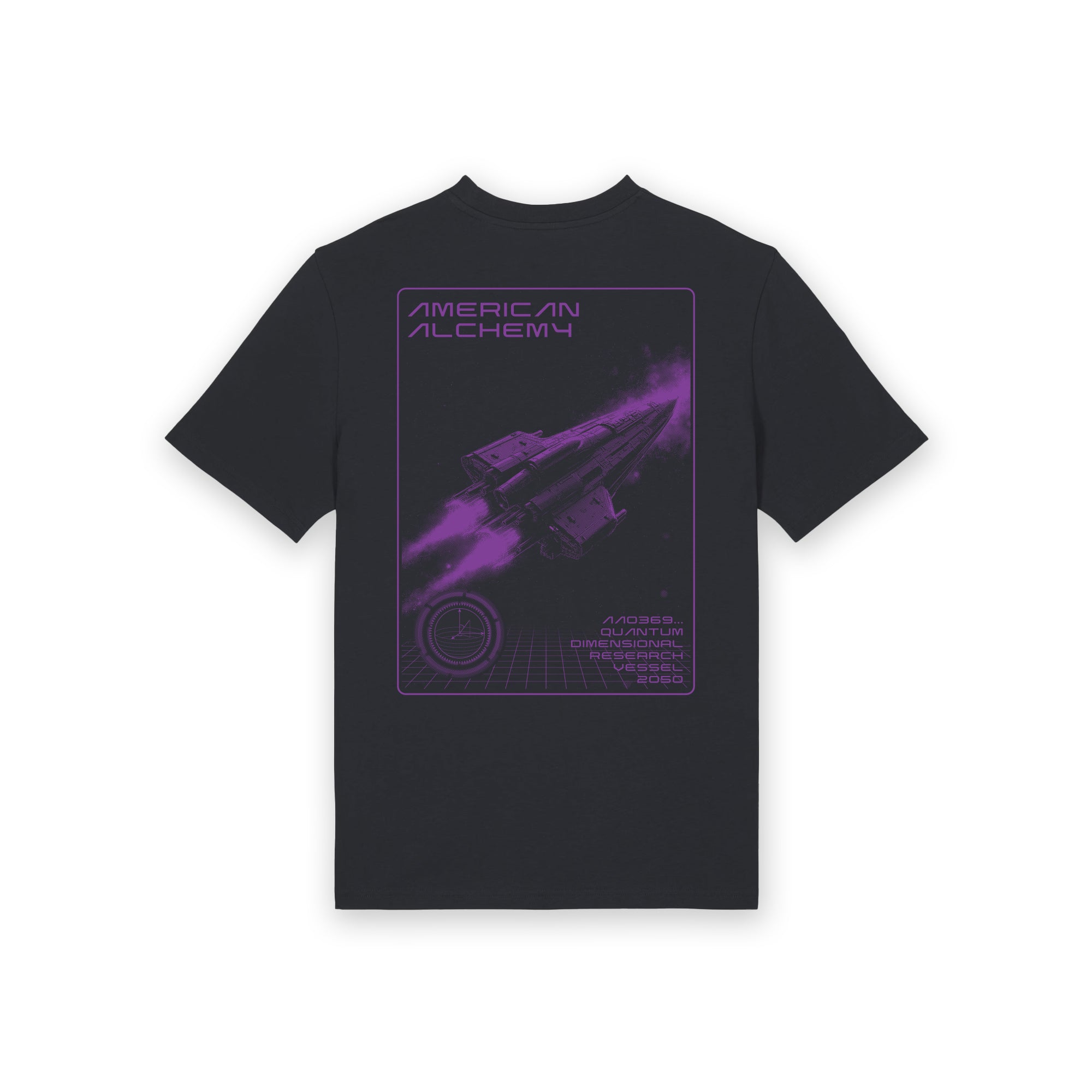 Black t-shirt with purple graphic design on a white background