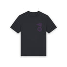 Black t-shirt with a purple logo and text on a white background