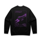 Black sweatshirt with purple graphic design on a white background