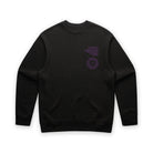 Black sweatshirt with purple text and logo on a white background
