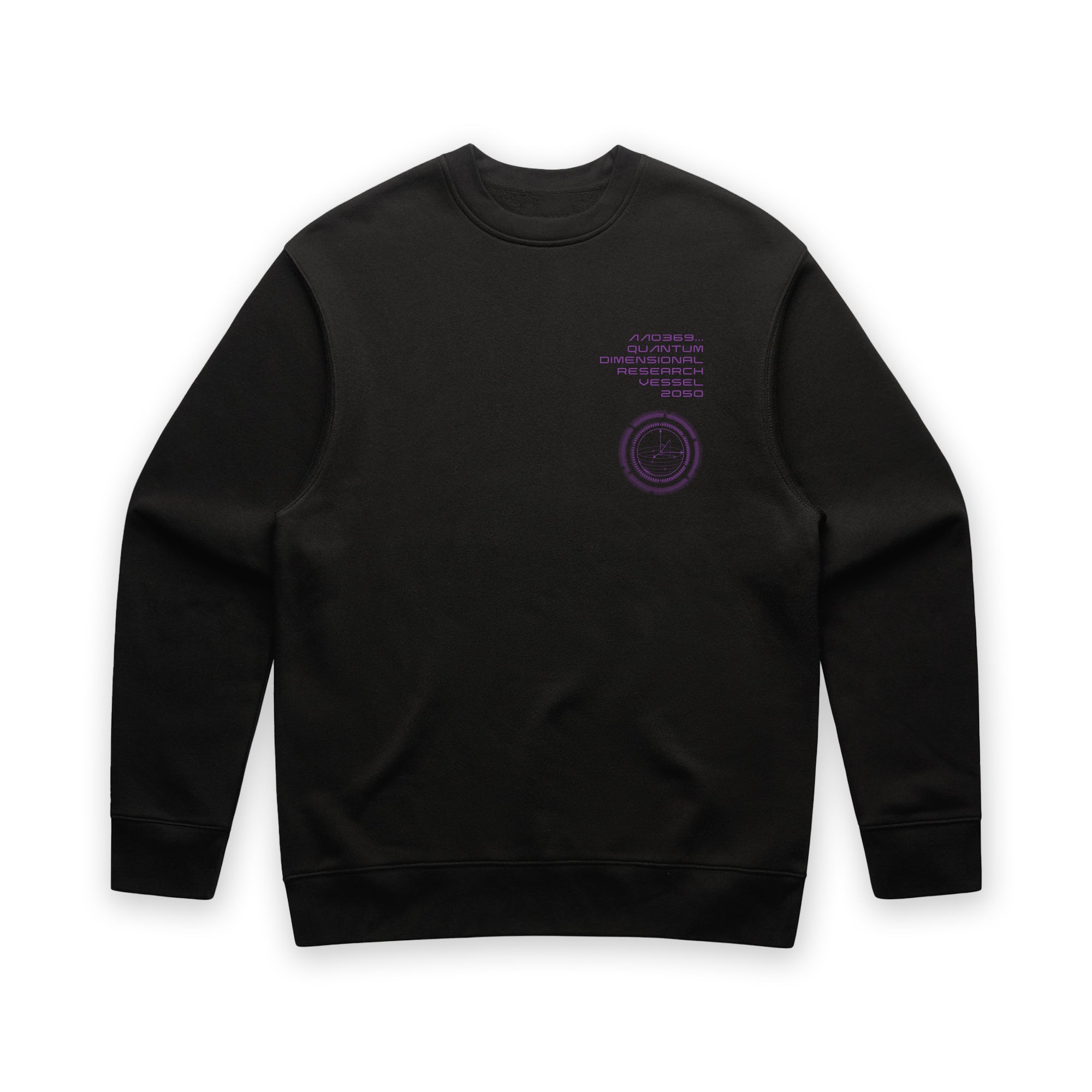 Black sweatshirt with purple text and logo on a white background