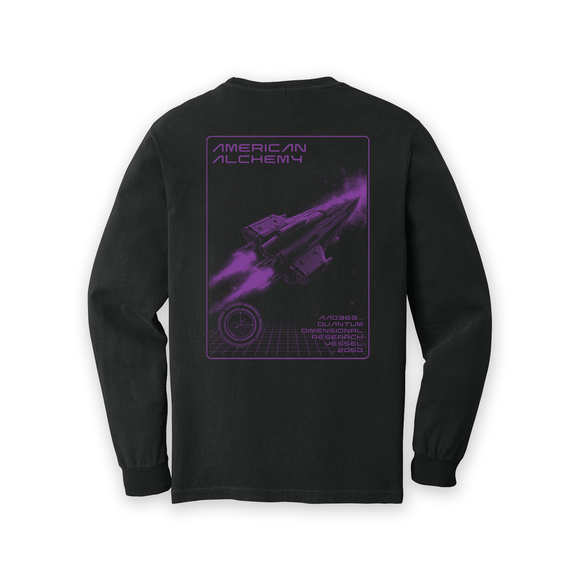 Black long-sleeve shirt with purple graphic design on the back, featuring the text 'American Alchemy'.