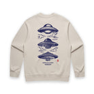 Beige sweatshirt with blue UFO design on a white background