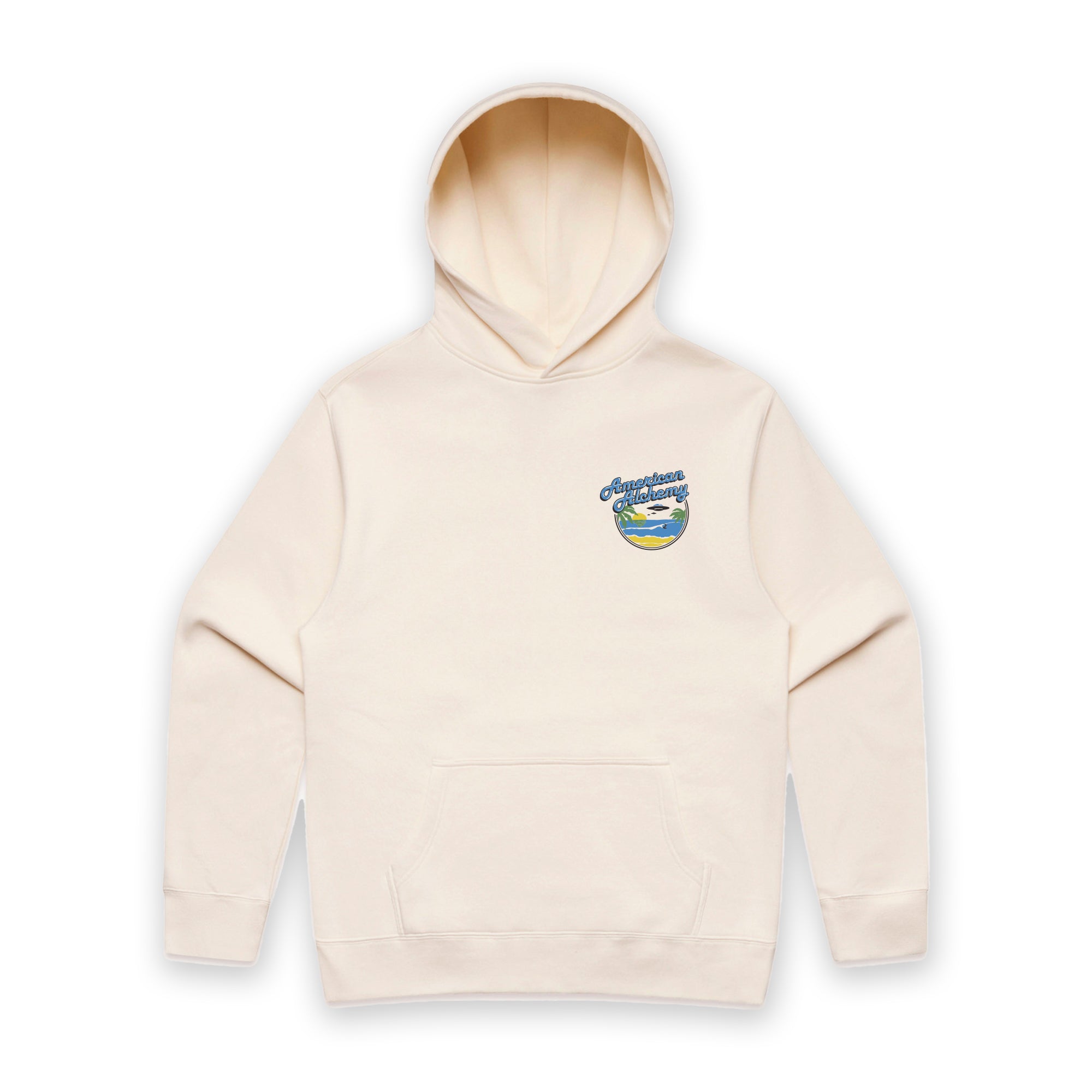 Off white hoodie with a logo on the chest against a white background