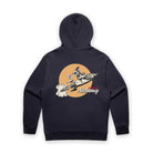 Navy hoodie with a graphic design on the back against a white background