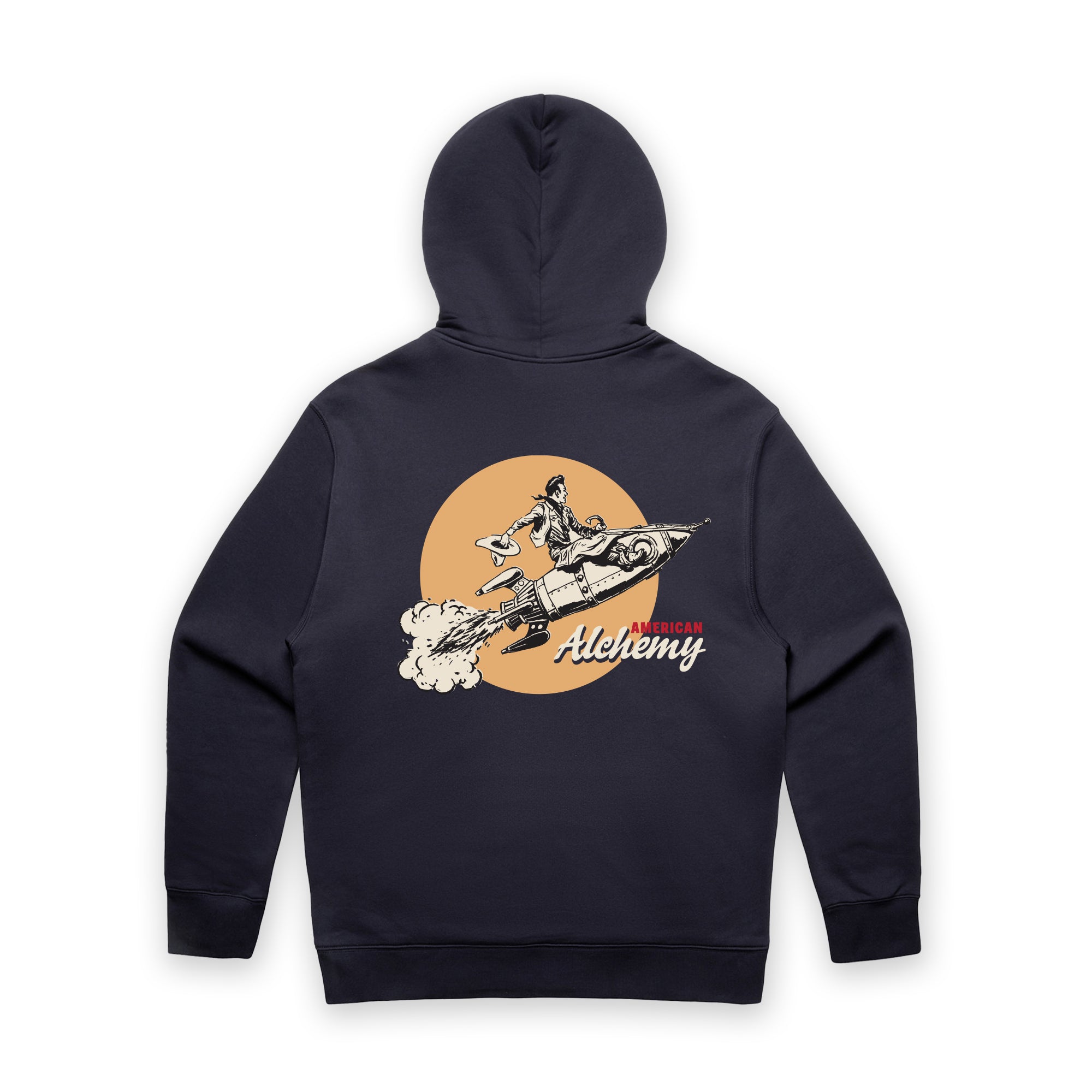 Navy hoodie with a graphic design on the back against a white background