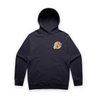 Navy hoodie with a small graphic on the chest against a white background
