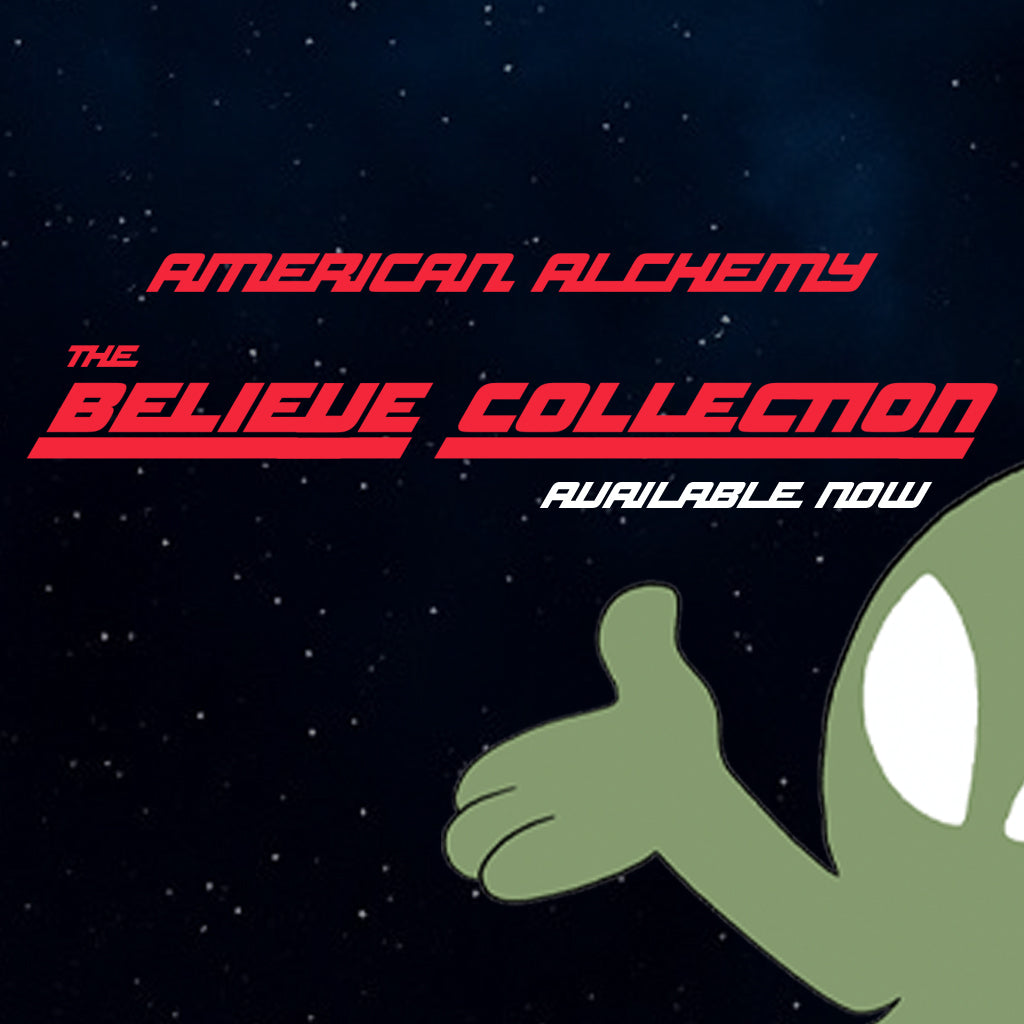 Promotional graphic for 'The Believe Collection' by American Alchemy with a cartoon character on a starry background.